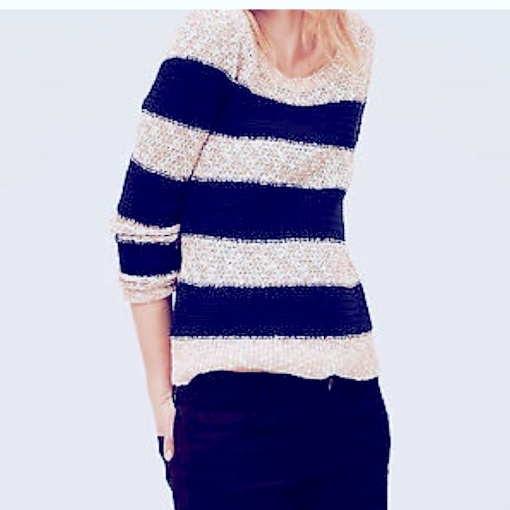 LOFT Beige and Navy Striped Cotton Linen Blend Loose Knit Sweater-L
